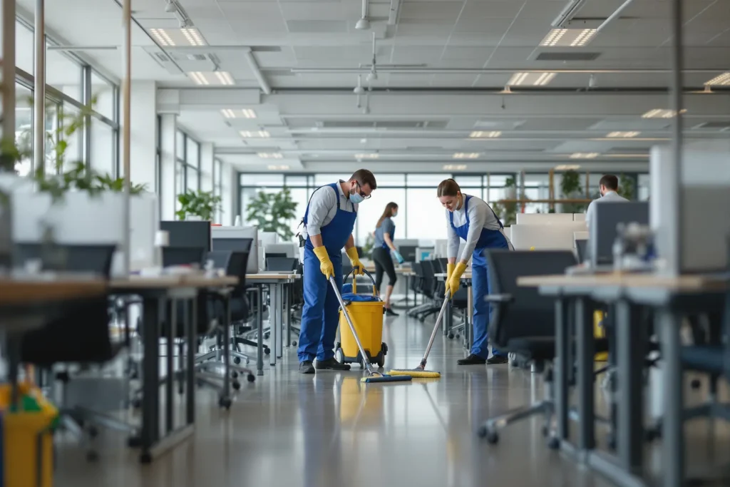 Drei Personen in blauer Arbeitskleidung reinigen konzentriert einen hellen Büroraum